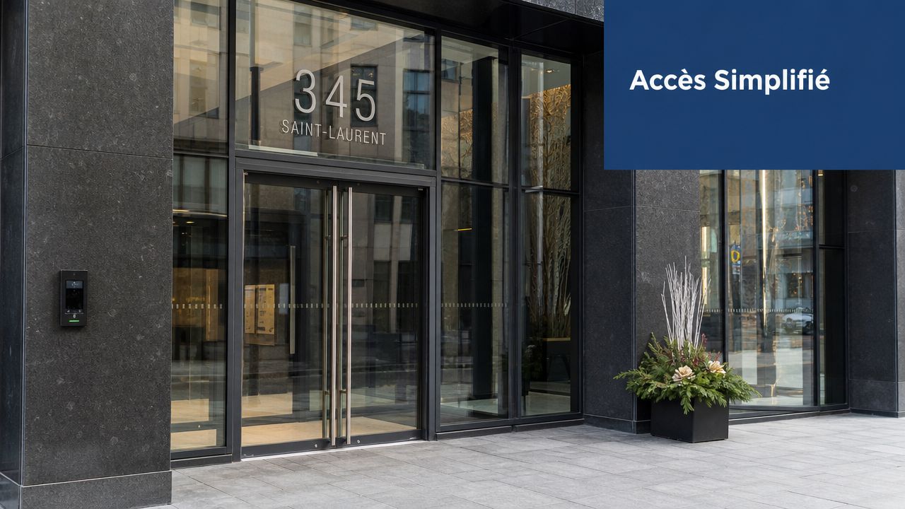 Main entrance to a modern commercial building with an electronic access control system near the glass door.