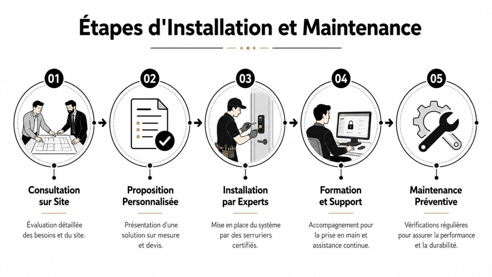 Infographic showing the five key steps in installing and maintaining an access control system.