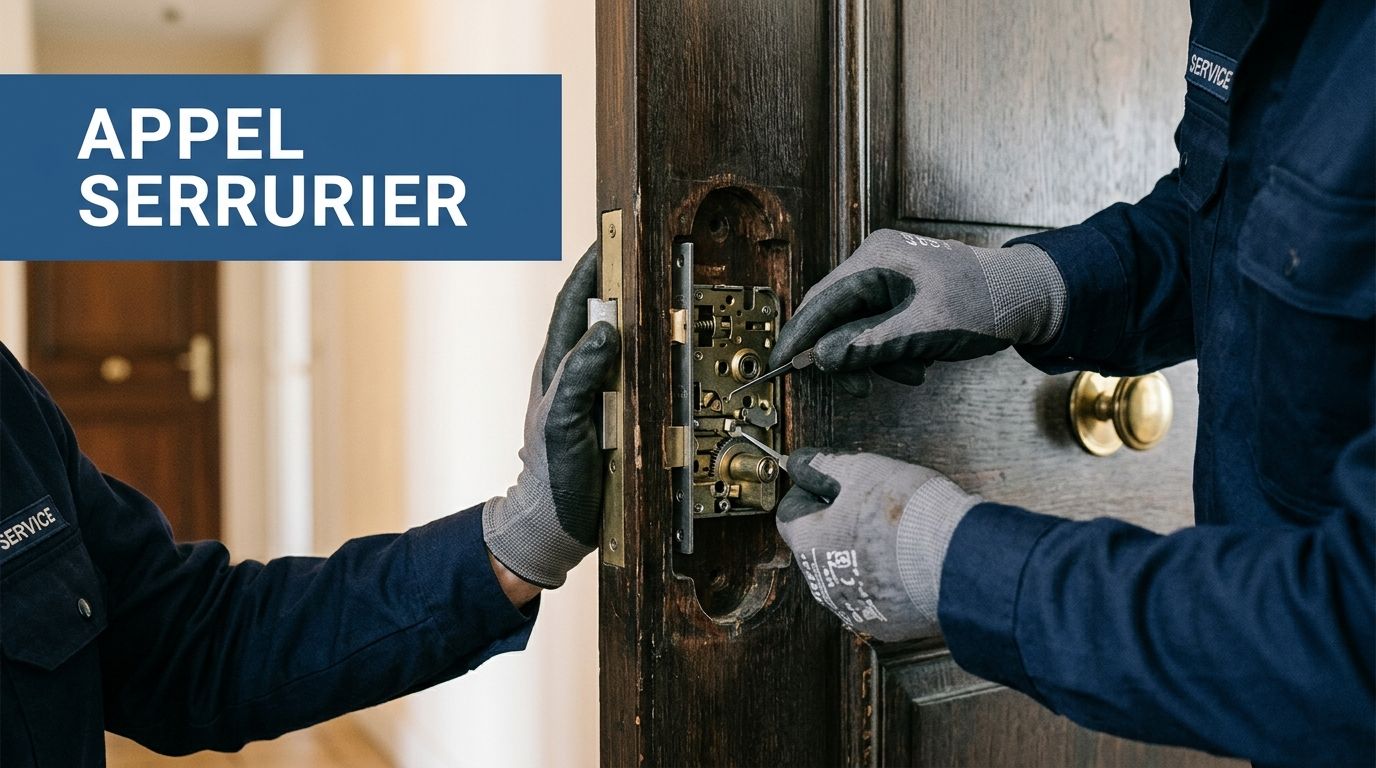 Un serrurier professionnel en uniforme répare la serrure encastrée d'une porte en bois dans un couloir.