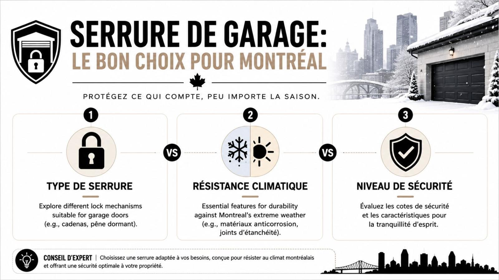 Infographie montrant trois critères essentiels pour choisir une serrure de garage adaptée au climat de Montréal.