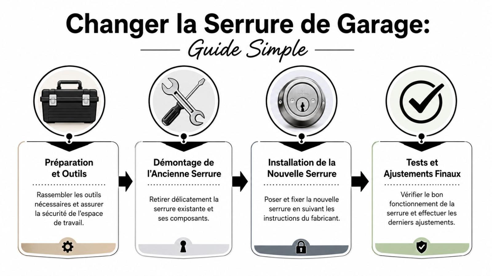 Guide étape par étape illustré pour changer une serrure de porte de garage facilement et en toute sécurité.