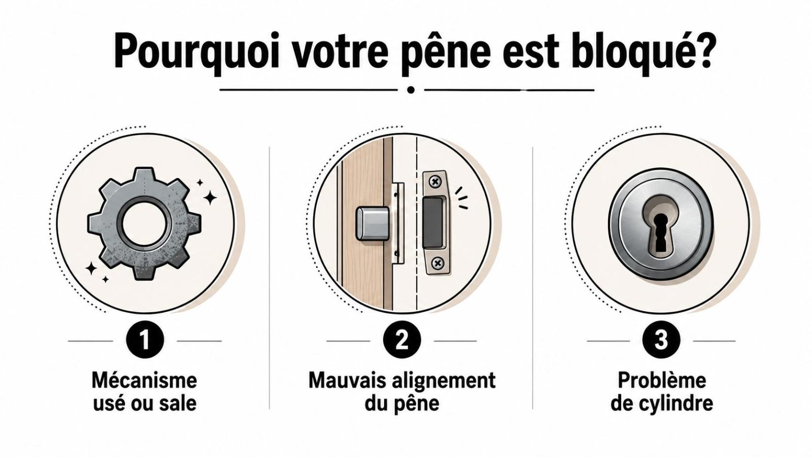 Une infographie montrant trois causes principales pour un pêne dormant bloqué : mécanisme sale, mauvais alignement ou problème cylindre.