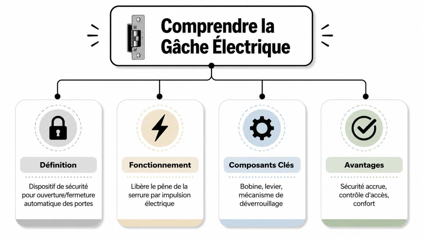 Infographie explicative présentant les caractéristiques, le fonctionnement et les avantages d'une gâche électrique pour porte.