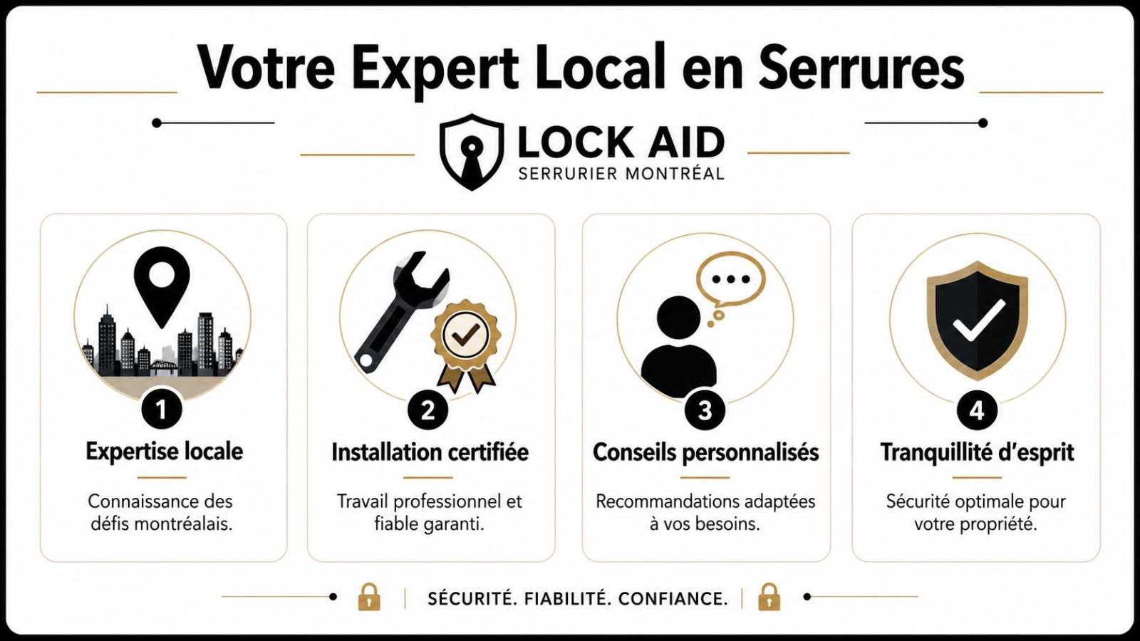 Infographie présentant les quatre piliers de services de serrurerie locale offerts par l'entreprise Lock Aid à Montréal.