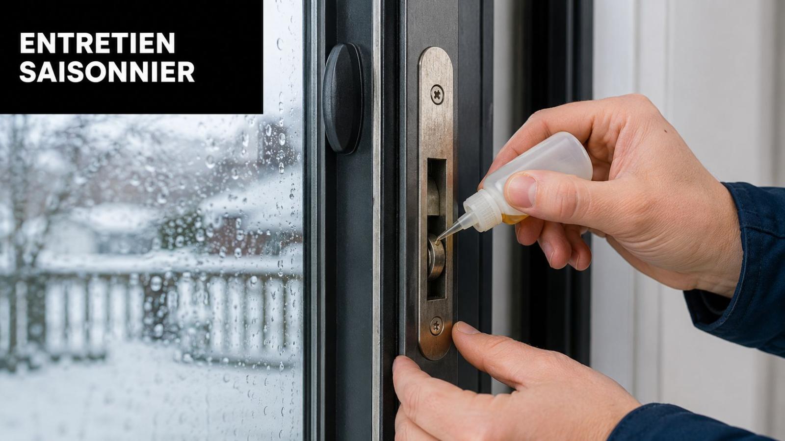 Une personne lubrifie la serrure d'une porte coulissante extérieure pour son entretien saisonnier hivernal.