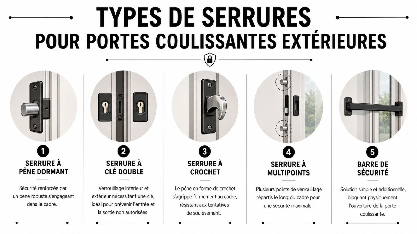 Infographie présentant cinq types de serrures pour sécuriser efficacement les portes coulissantes installées sur les terrasses extérieures.