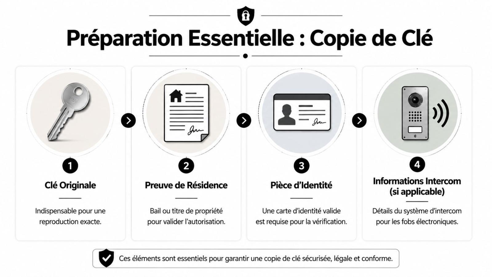 Une infographie montrant les quatre éléments requis pour la copie de clés et de badges d'immeuble.