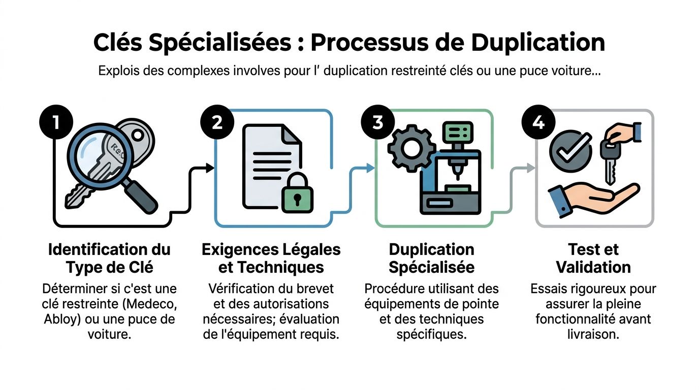Infographie illustrant les quatre étapes du processus professionnel de duplication de clés sécurisées et de puces automobiles.