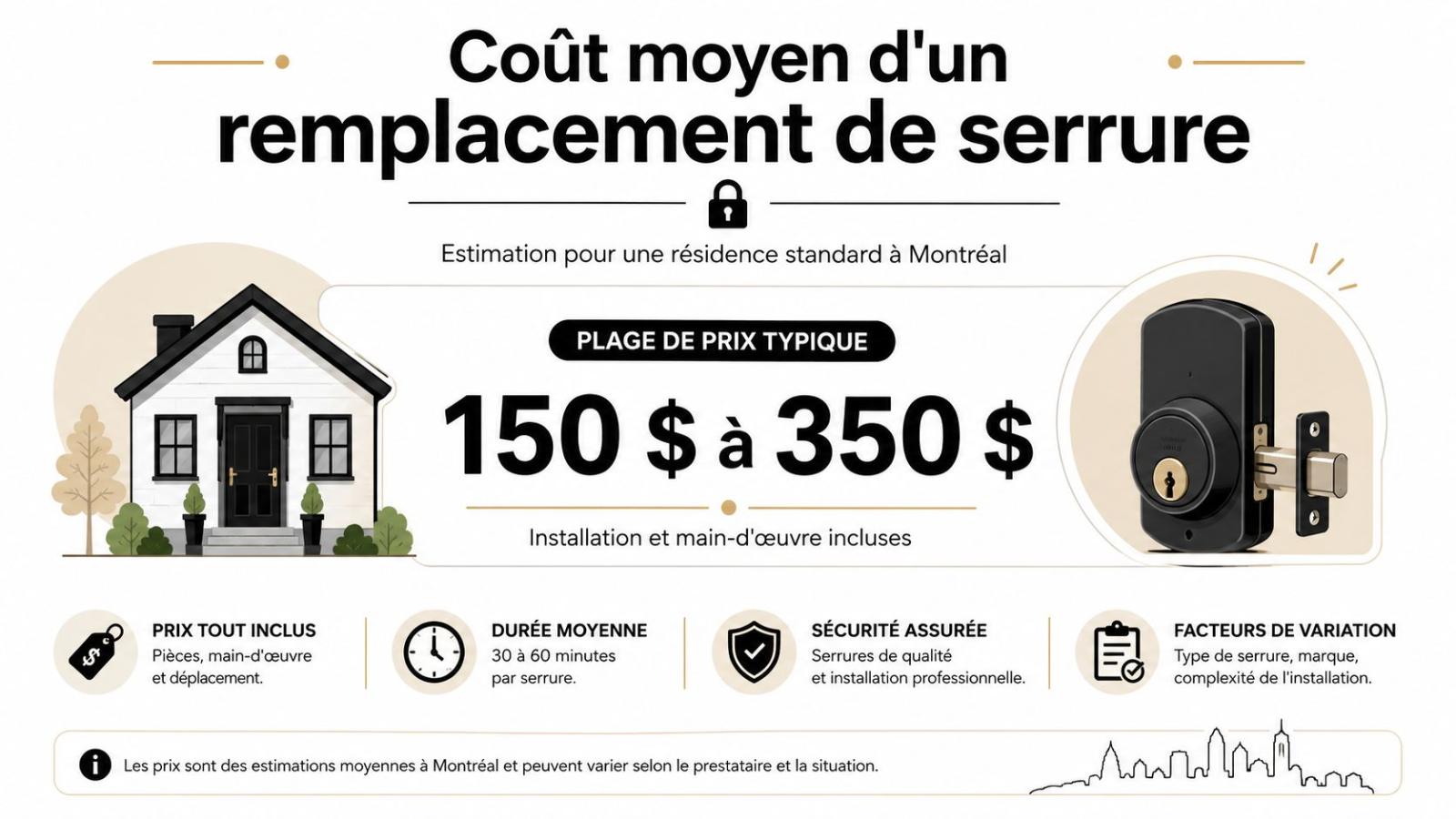Infographie montrant le coût moyen pour remplacer une serrure résidentielle à Montréal entre 150 et 350 dollars.