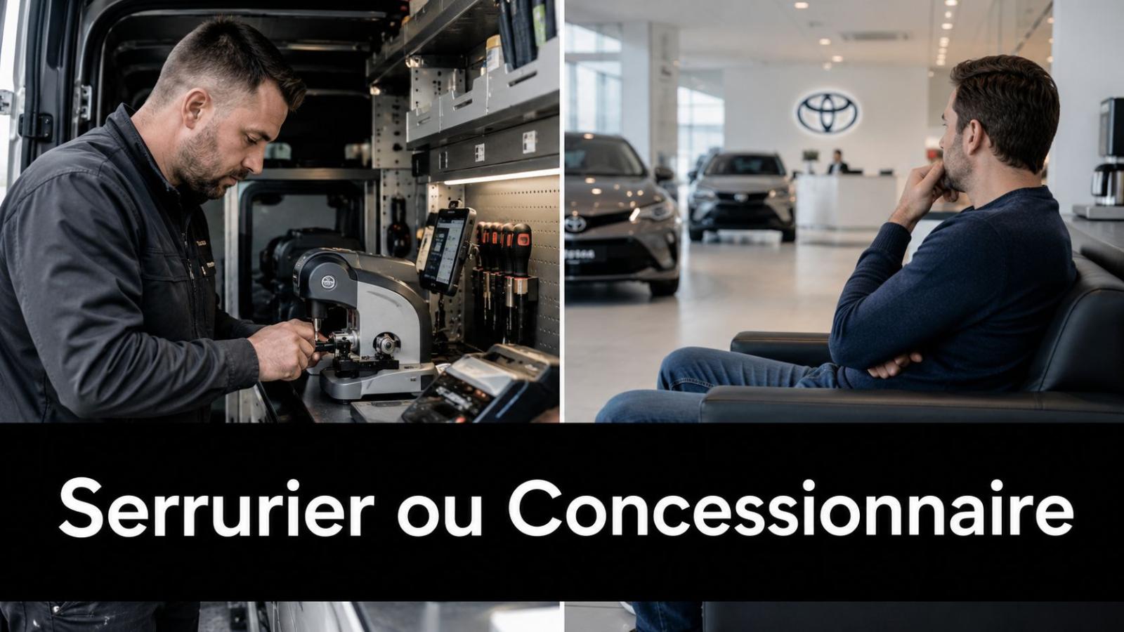 Une comparaison entre un serrurier automobile travaillant dans son fourgon et un client attendant chez un concessionnaire.