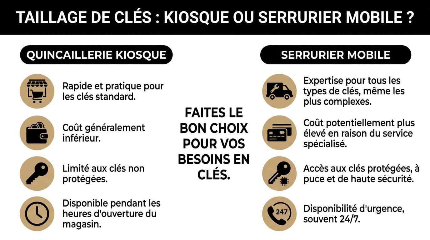 Comparaison entre les kiosques de quincaillerie et les serruriers mobiles pour le taillage de clés.