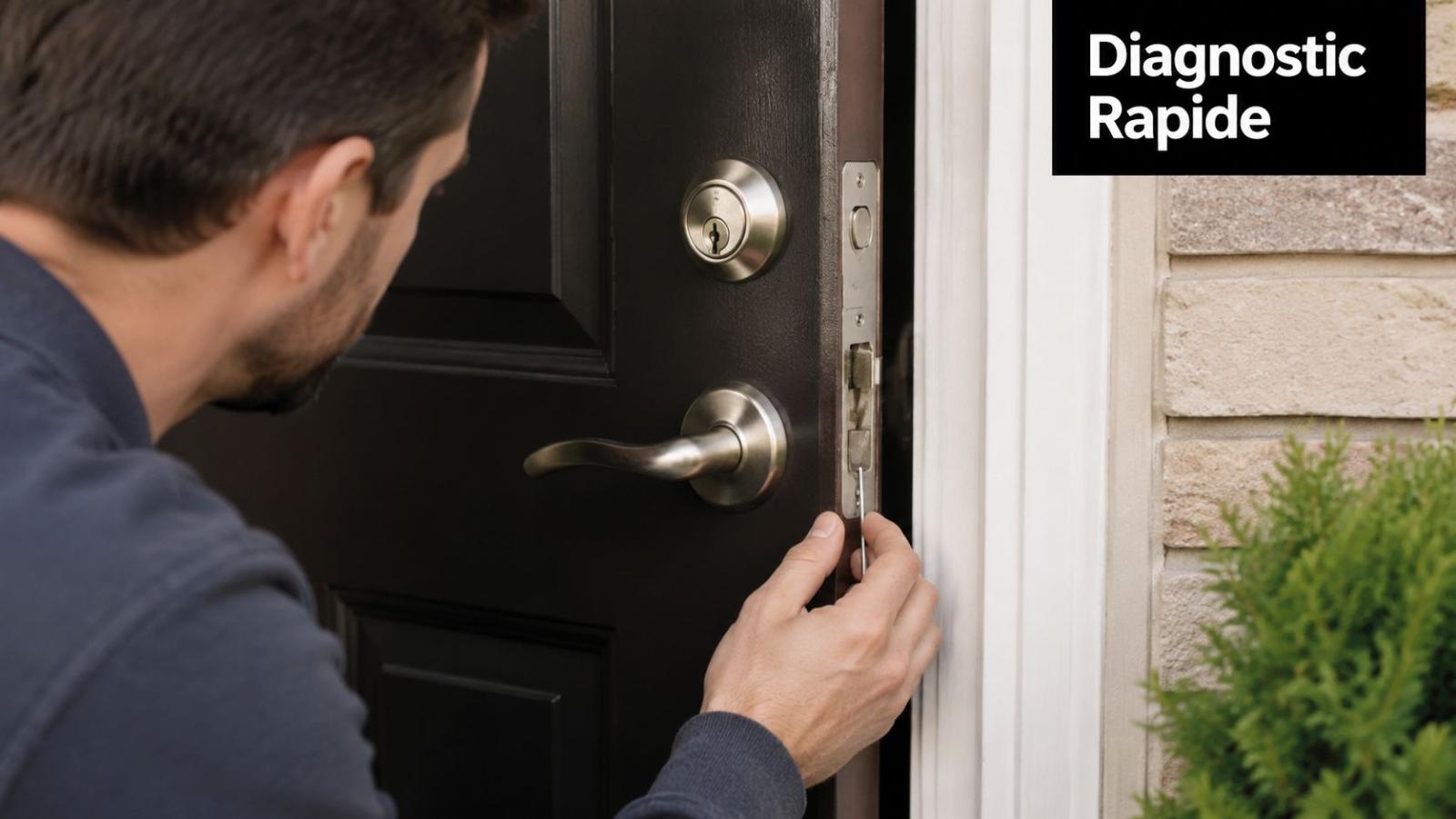 A professional locksmith repairing or inspecting the lock mechanism on a black front door.