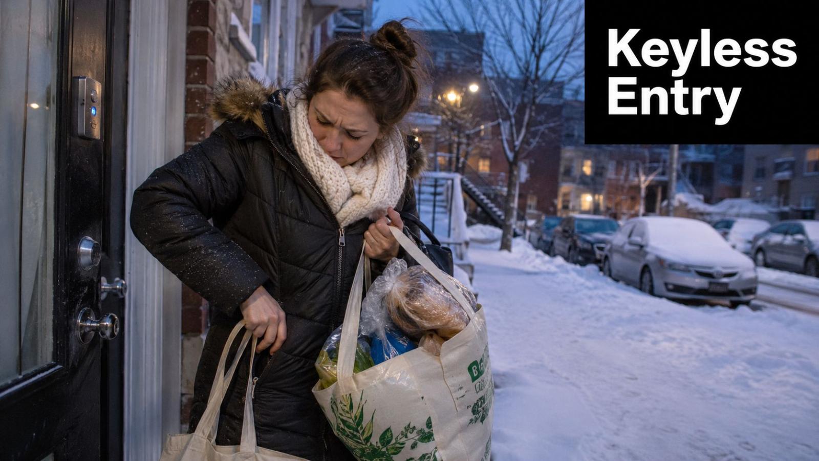 Une femme rentre chez elle dans la neige avec des sacs d'épicerie devant une serrure électronique intelligente.