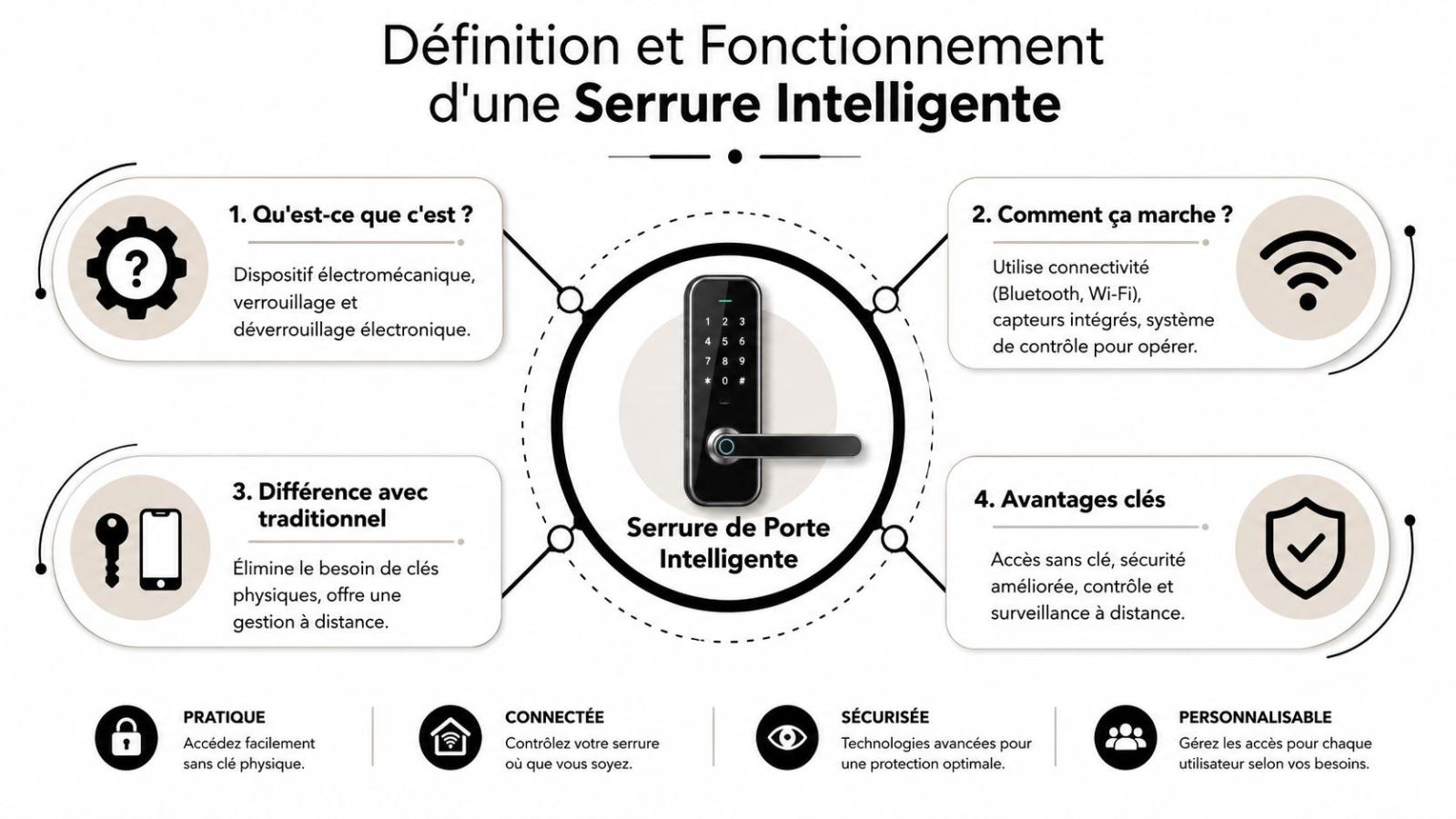 Une infographie expliquant la définition, le fonctionnement, les différences et les avantages d'une serrure de porte intelligente moderne.