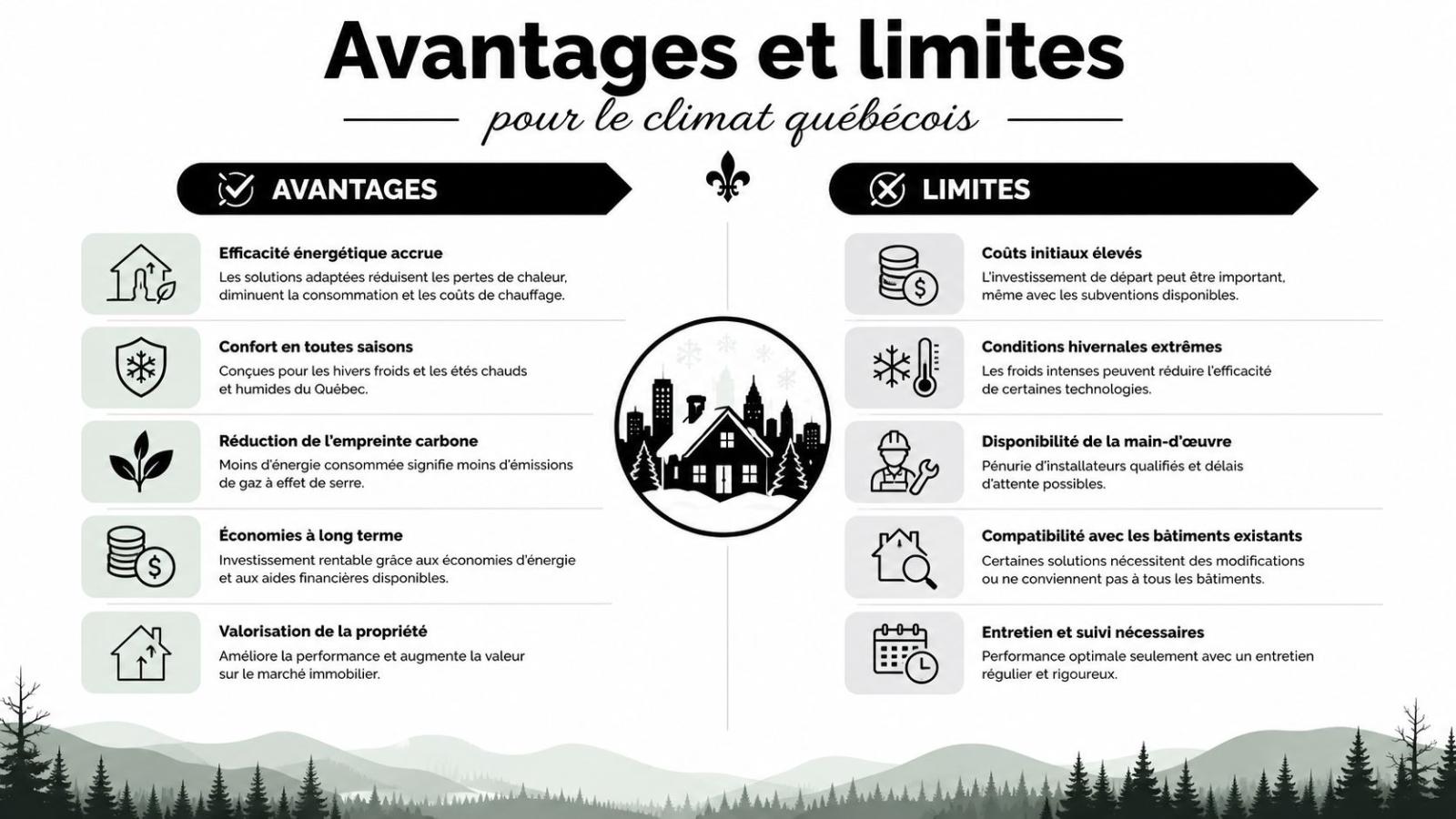 Infographie présentant les avantages et limites des solutions énergétiques pour le climat québécois en hiver.
