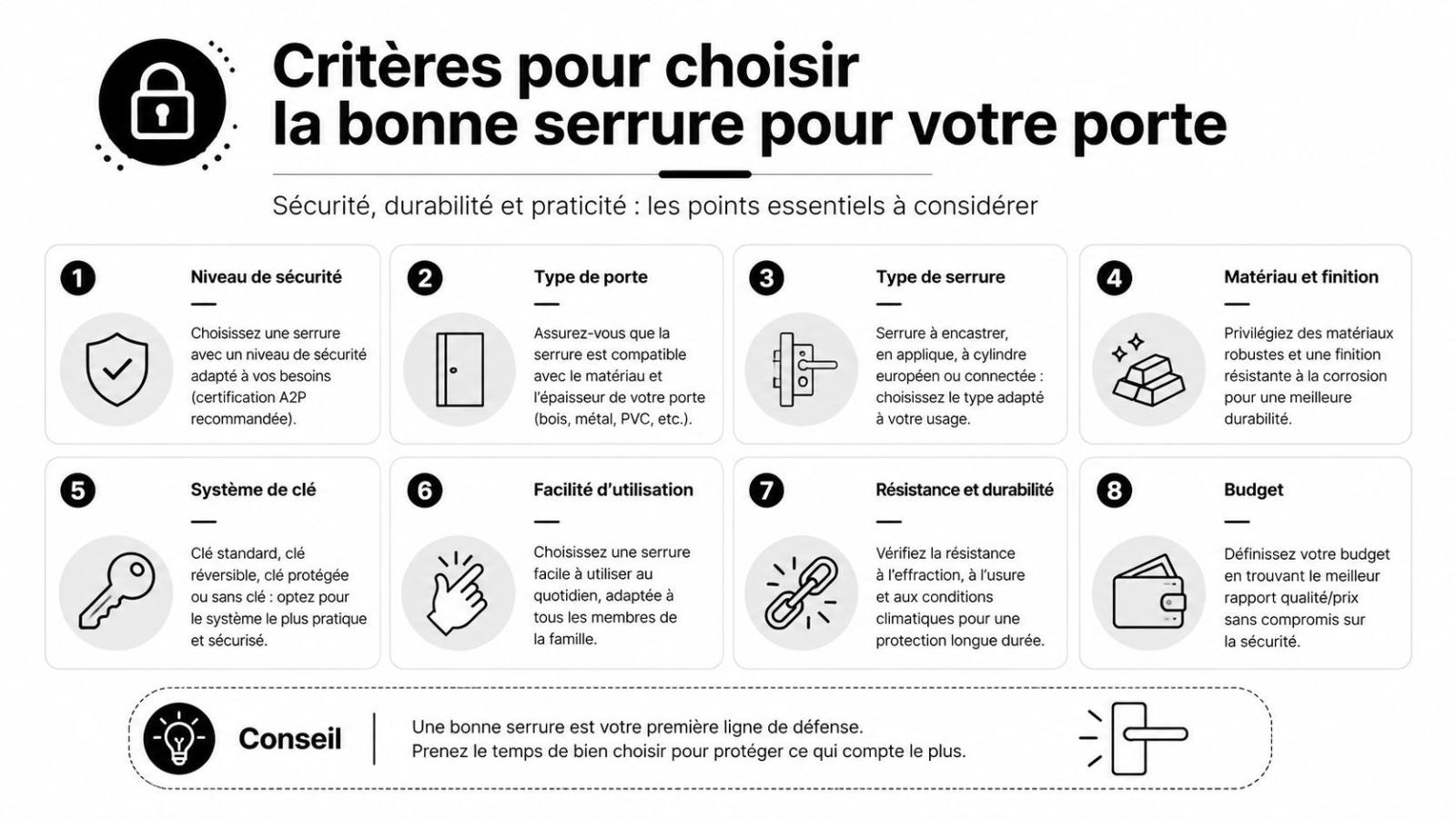 Infographie présentant huit critères essentiels pour choisir une serrure de porte adaptée à vos besoins de sécurité.