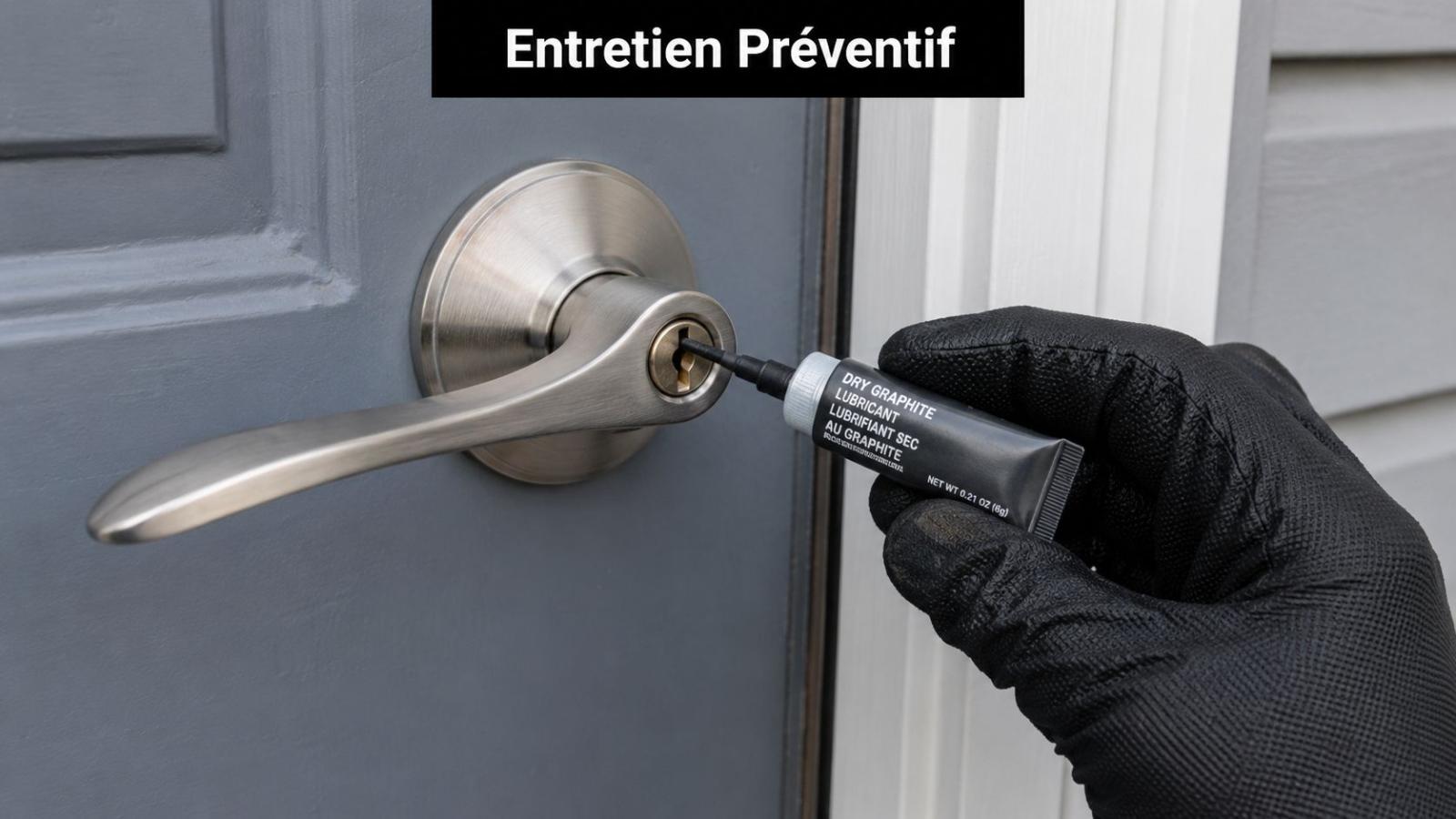 A gloved hand applying dry graphite lubricant to the cylinder of a door lock.