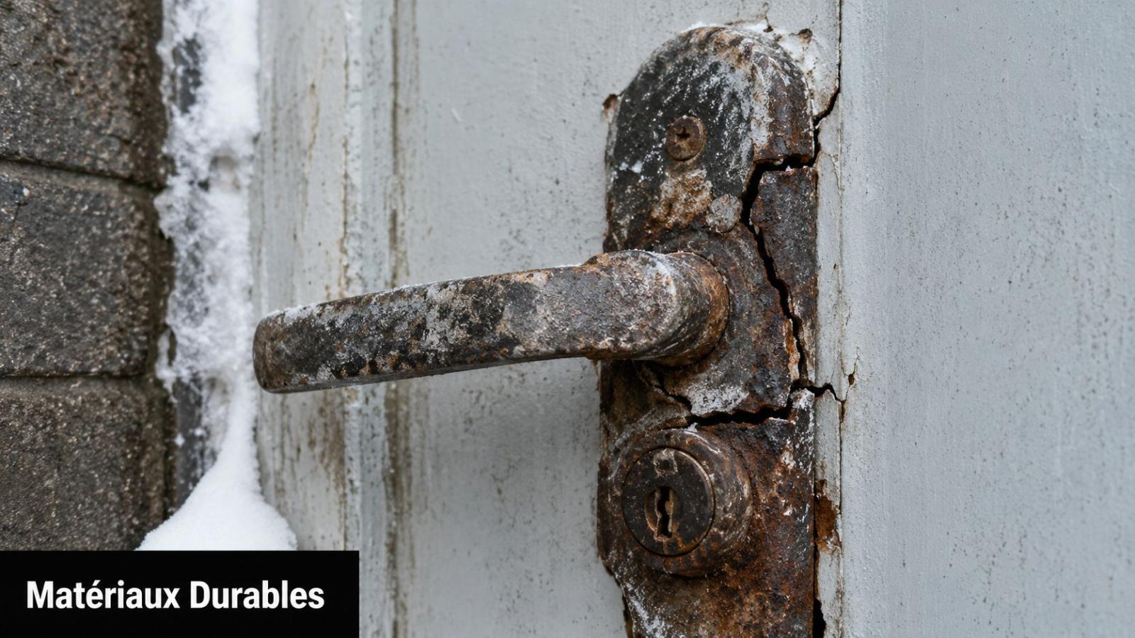 A rusty, damaged doorknob on a white door in winter, indicating a need for repair.