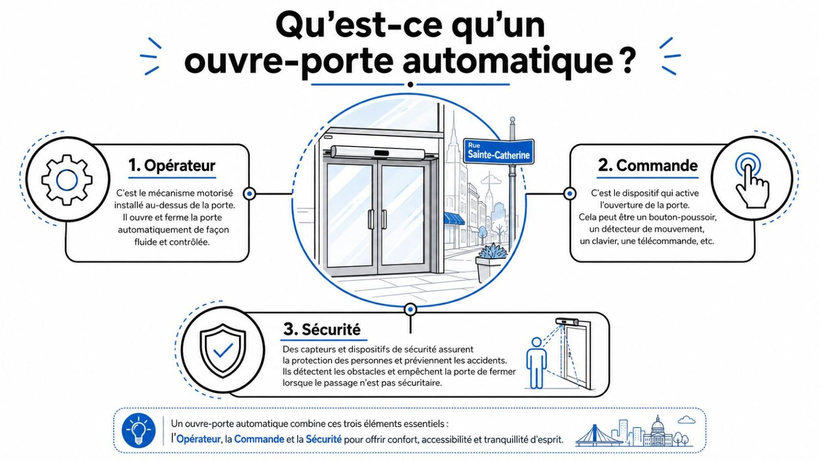 Infographie illustrant les trois composants essentiels d'un ouvre-porte automatique : l'opérateur, la commande et la sécurité.