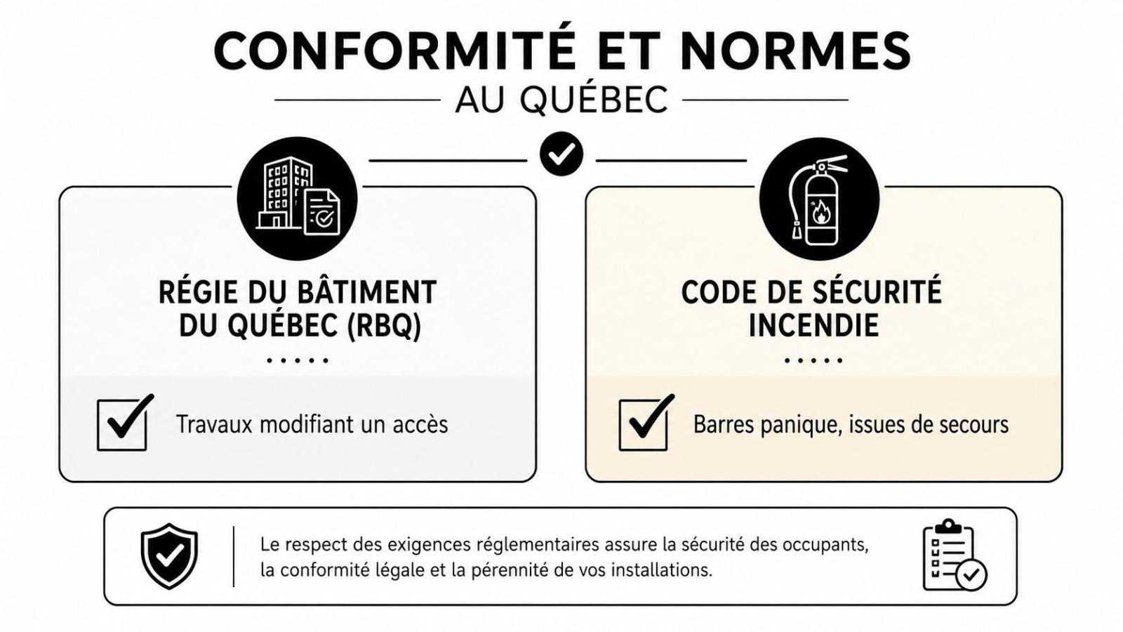 Infographie sur la conformité et les normes au Québec concernant la Régie du bâtiment et la sécurité incendie.