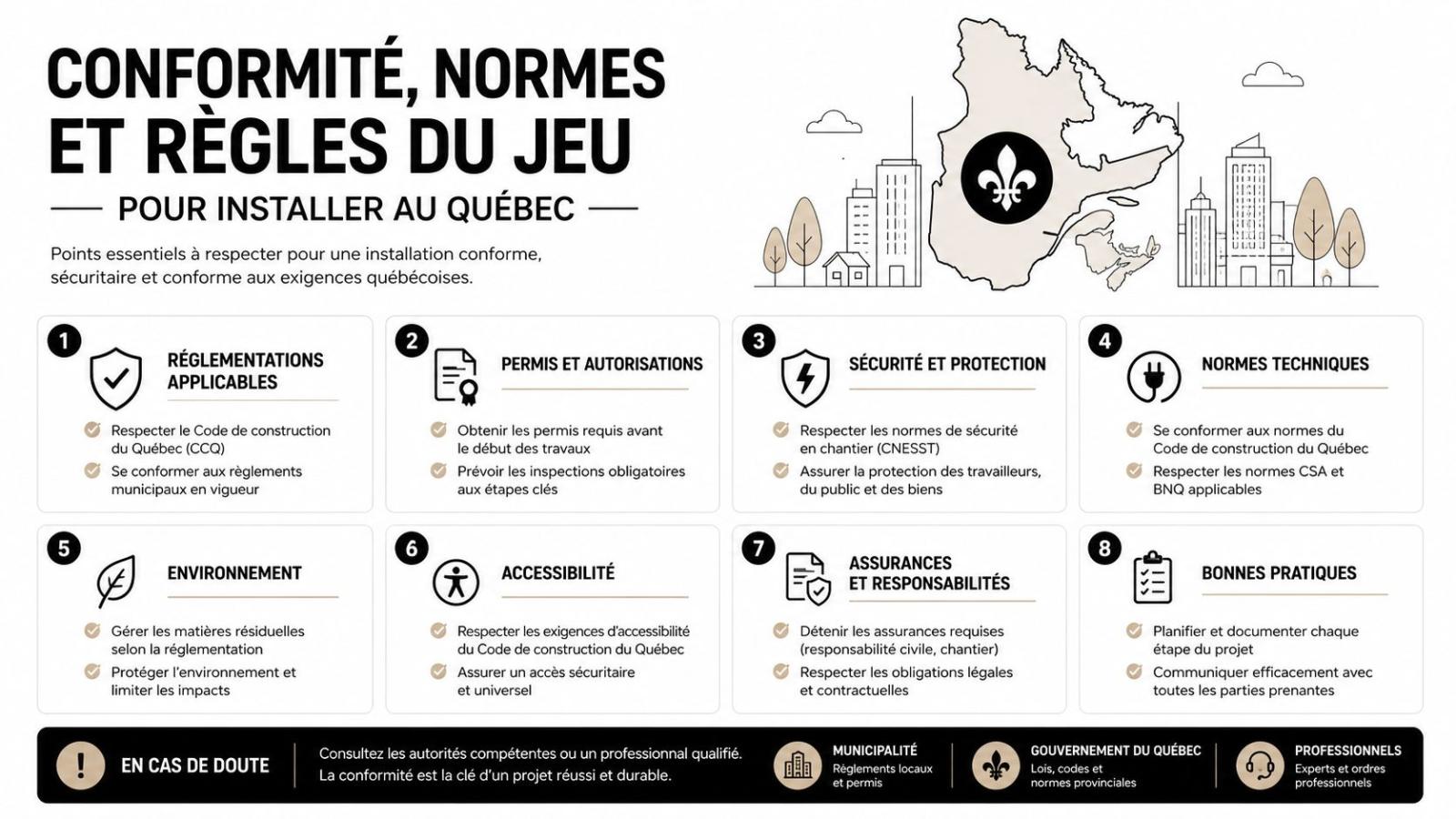 Infographie présentant les normes, règlements et étapes de conformité essentiels pour des projets de construction au Québec.