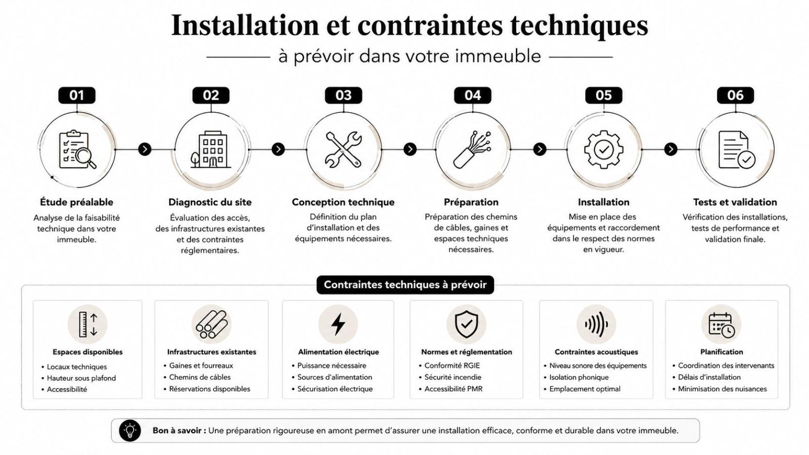 Infographie illustrant les six étapes clés et les contraintes techniques pour une installation réussie dans votre immeuble.