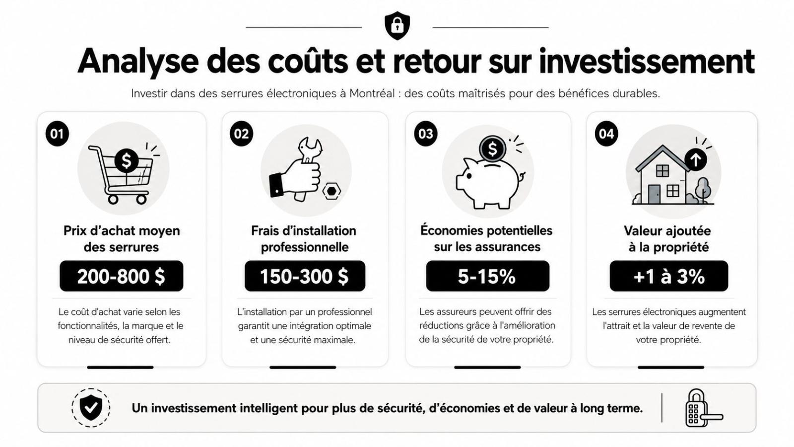 Infographie montrant une analyse des coûts et du retour sur investissement pour l'installation de serrures électroniques à Montréal.