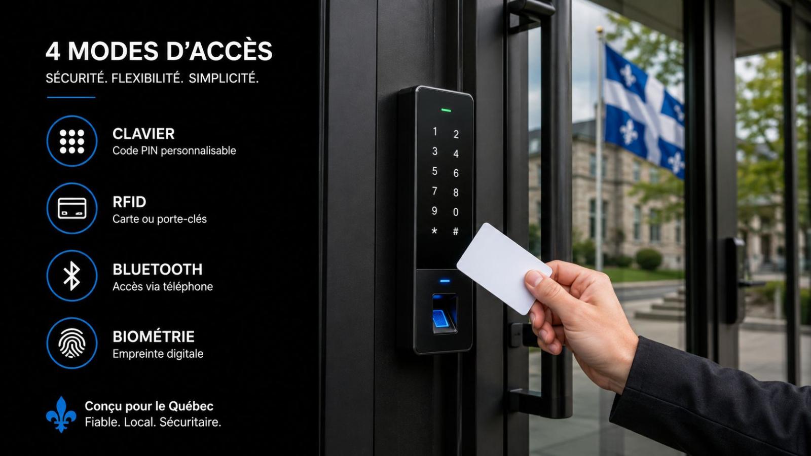 Une personne utilise une carte RFID pour déverrouiller une serrure électronique biométrique sur une porte vitrée extérieure.