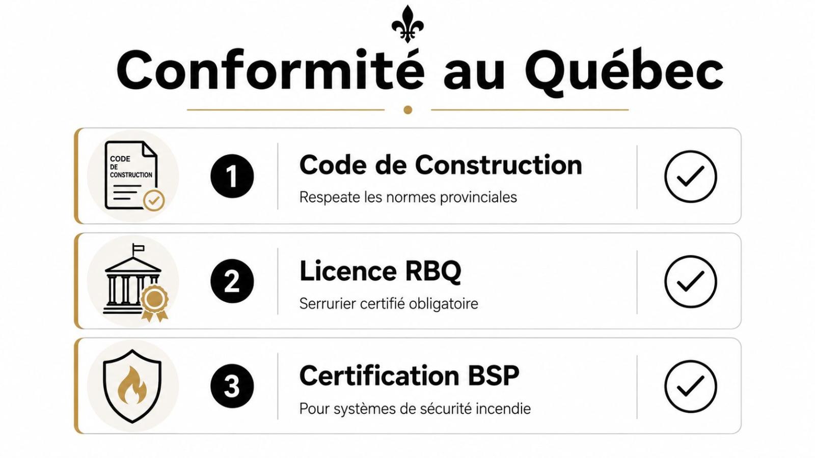 Une infographie montrant trois exigences de conformité pour les serruriers au Québec avec des icônes et texte.