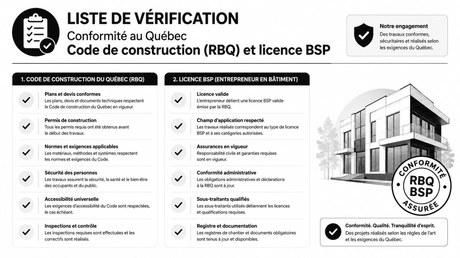 Liste de vérification pour la conformité au Code de construction du Québec et la licence BSP.