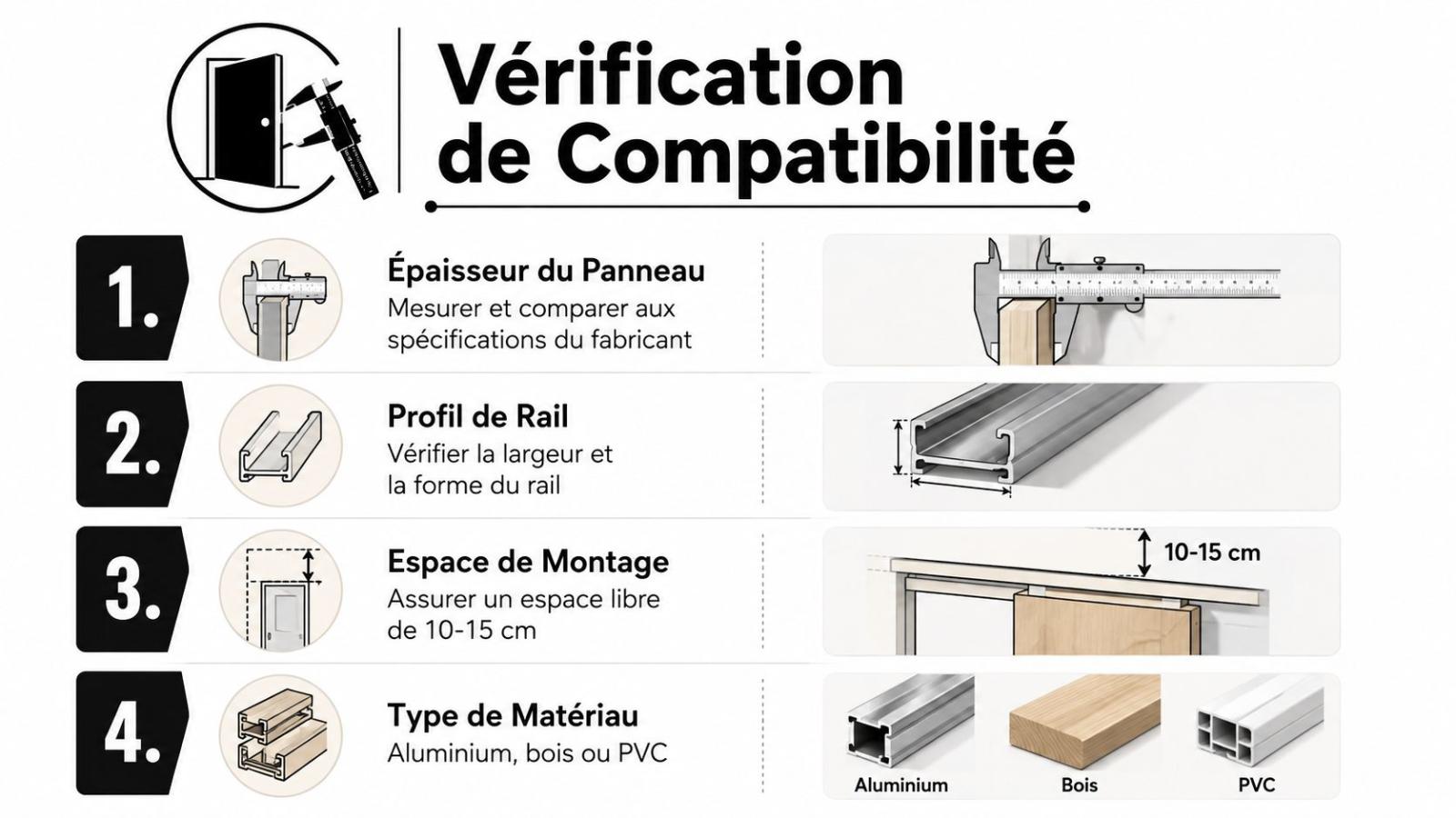 Infographie illustrant les quatre étapes essentielles pour vérifier la compatibilité d'une porte coulissante avant son installation.