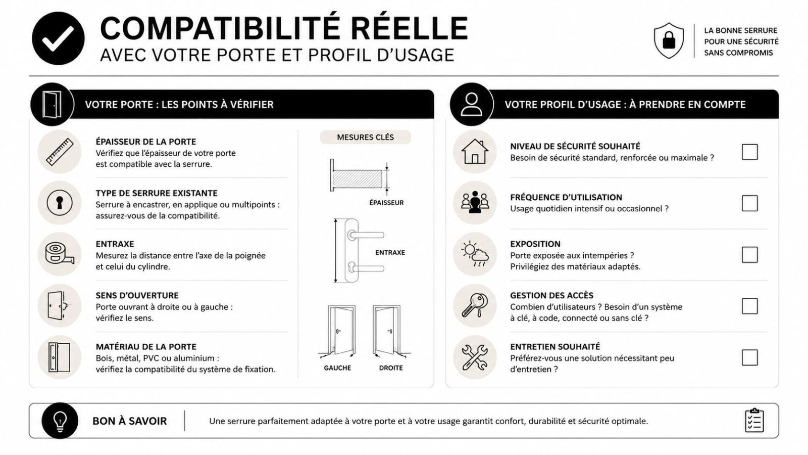 Infographie illustrant les critères essentiels pour choisir une serrure compatible avec votre porte et votre usage quotidien.