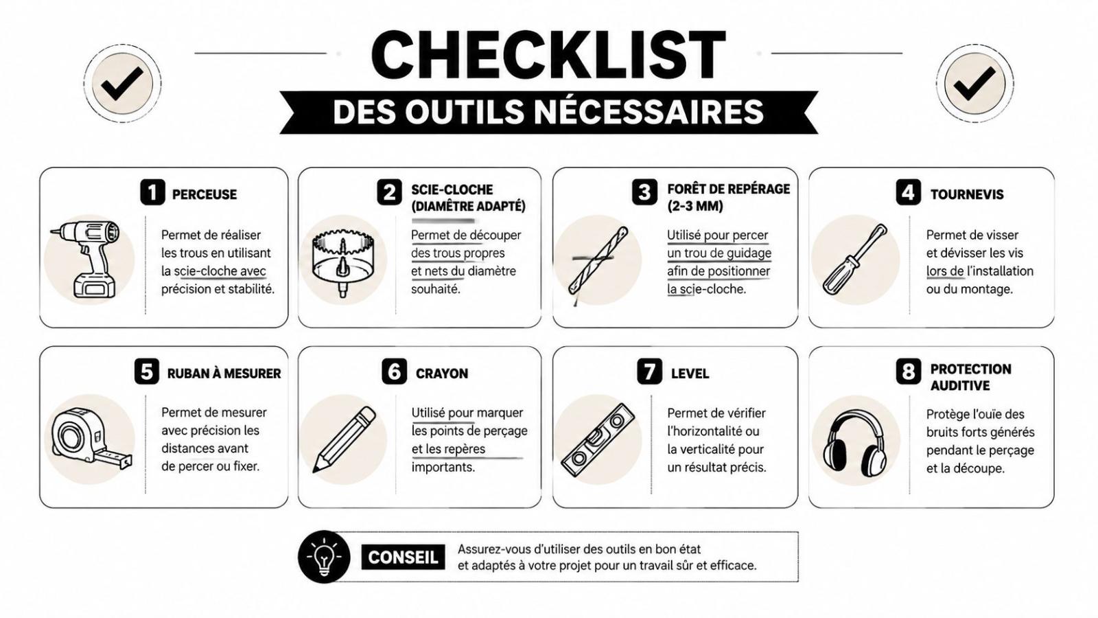 Une liste à puces présentant huit outils essentiels pour des travaux de perçage et de bricolage.