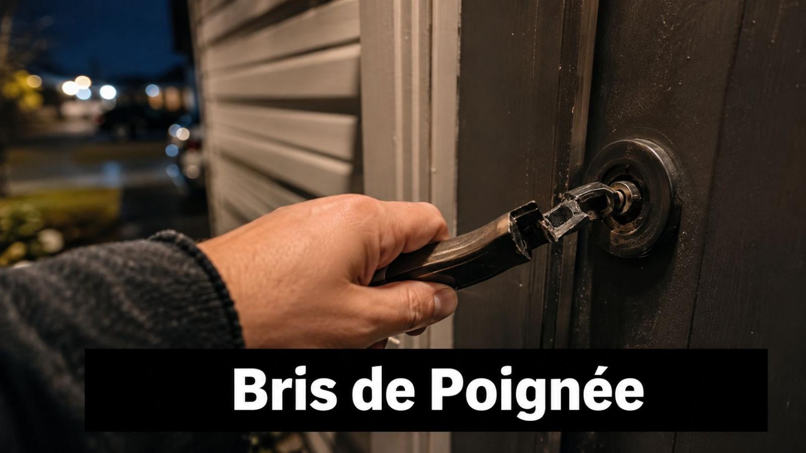 Une main tient une poignée de porte extérieure cassée, illustrant un bris nécessitant une réparation ou remplacement.