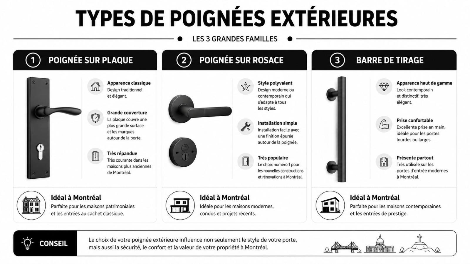 Infographie illustrant les trois principaux types de poignées de porte extérieure disponibles pour les résidences à Montréal.