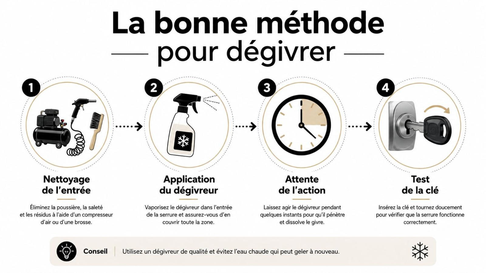 Infographie illustrant les quatre étapes de la méthode efficace pour dégivrer une serrure de porte gelée.
