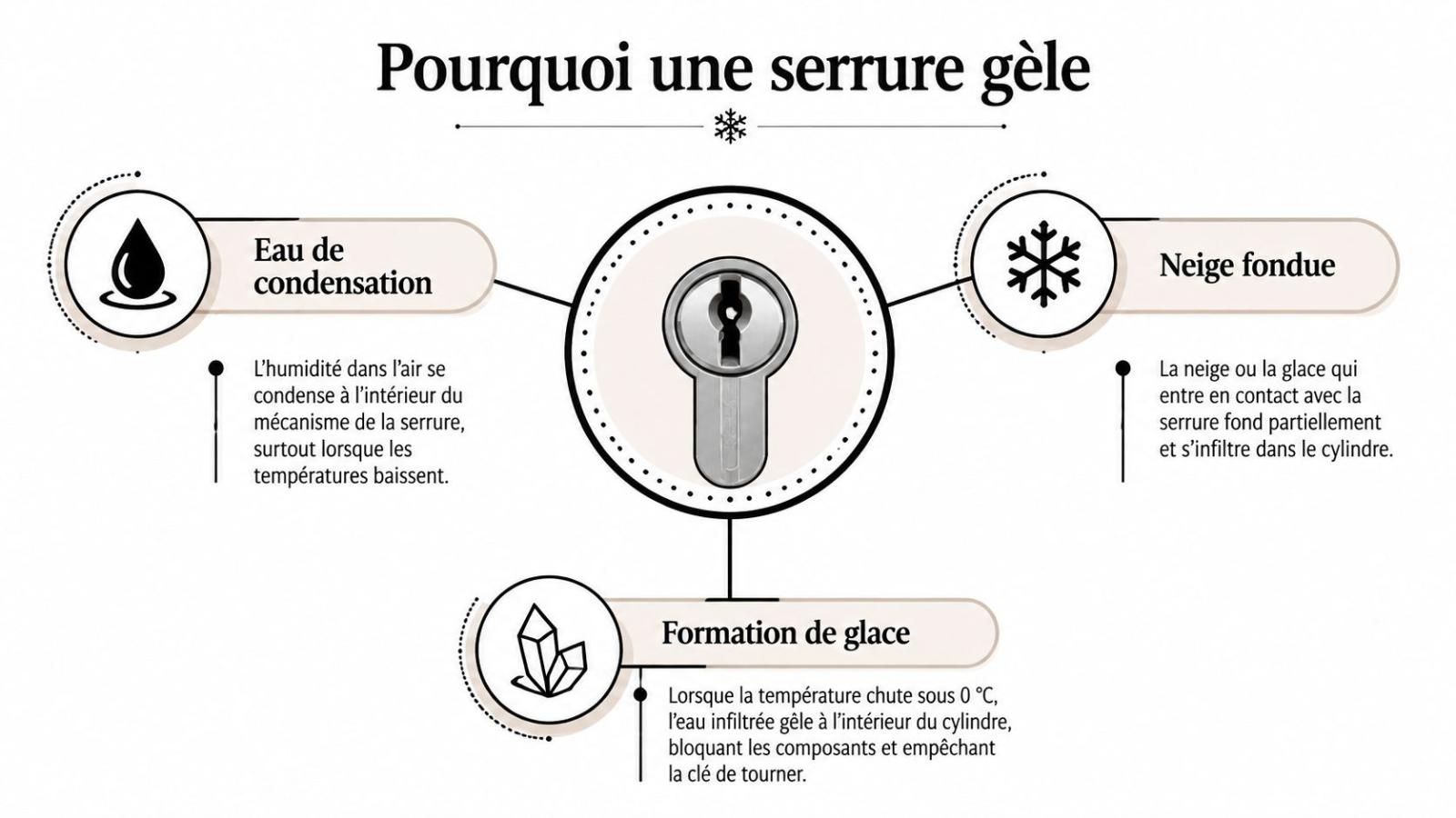 Une infographie explicative montrant pourquoi une serrure gèle à cause de la condensation et de la neige fondue.