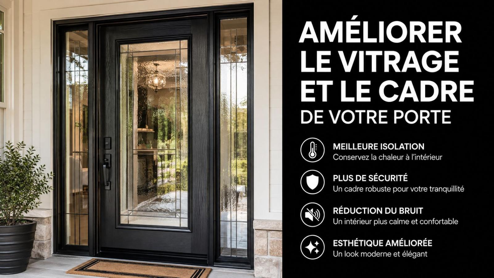 Une élégante porte d'entrée noire avec vitrage décoratif pour améliorer l'isolation, la sécurité et l'esthétique de la maison.