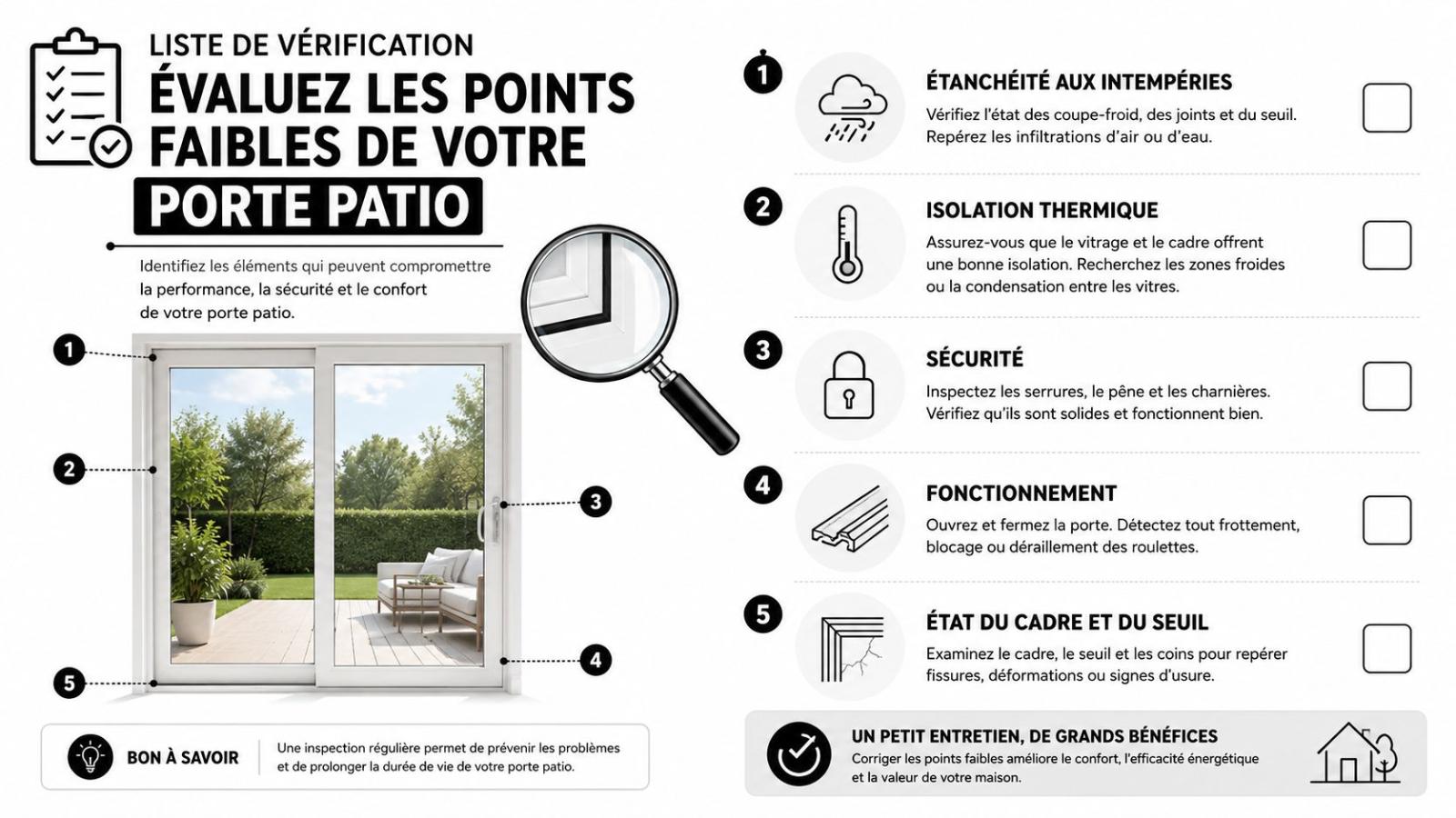 Une liste de vérification illustrée pour évaluer l'état, la sécurité et la performance de votre porte patio.