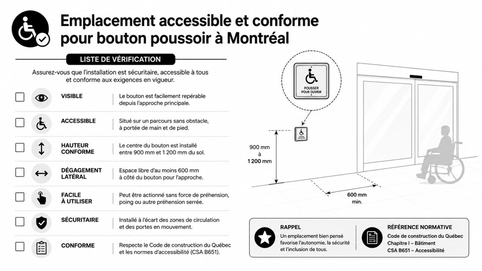 Guide illustré montrant les critères d'installation conformes pour un bouton poussoir d'ouverture de porte à Montréal.