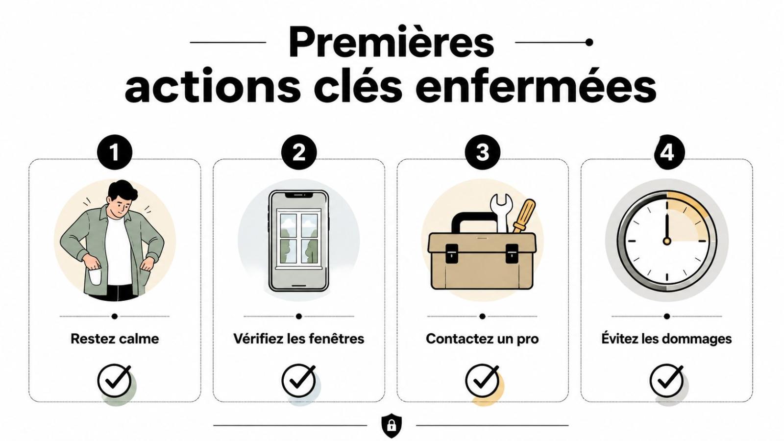 Une infographie montrant quatre étapes clés pour agir en cas de porte de voiture verrouillée ou bloquée.