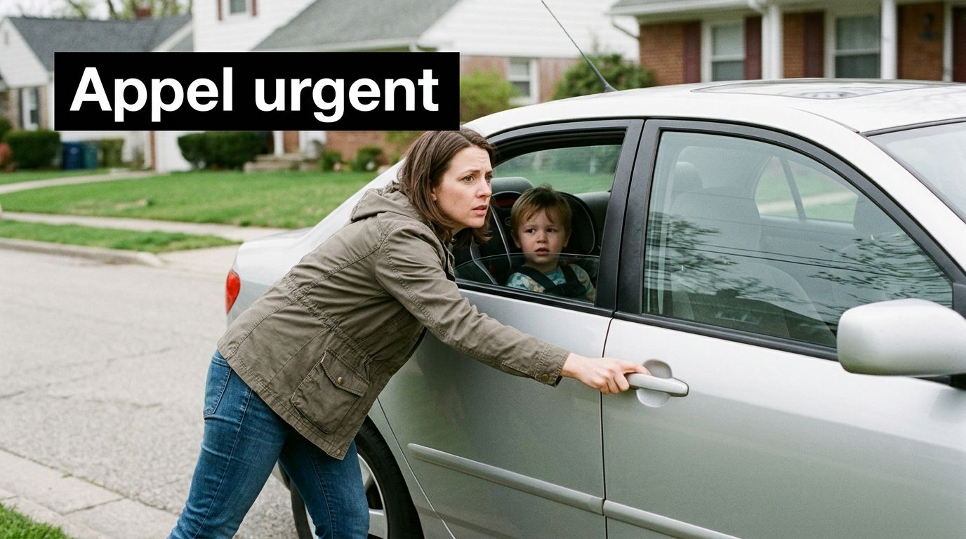 Une mère inquiète tente d'ouvrir la porte de sa voiture verrouillée avec son jeune enfant à l'intérieur.